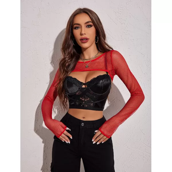 Avidlove Women Fishnet Long Sleeve Crop Top See Through Shirt Sheer Blouse Sexy OutfitsRed