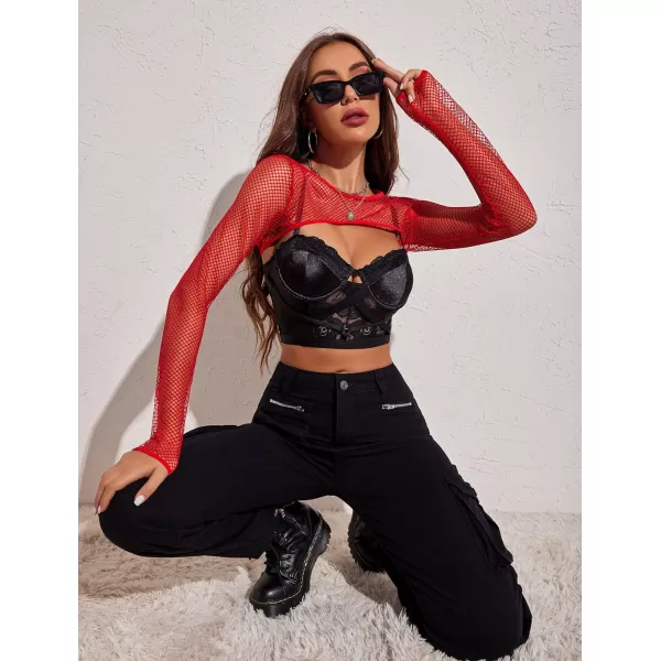 Avidlove Women Fishnet Long Sleeve Crop Top See Through Shirt Sheer Blouse Sexy OutfitsRed