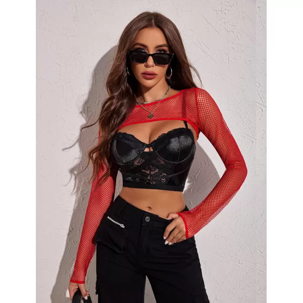 Avidlove Women Fishnet Long Sleeve Crop Top See Through Shirt Sheer Blouse Sexy OutfitsRed