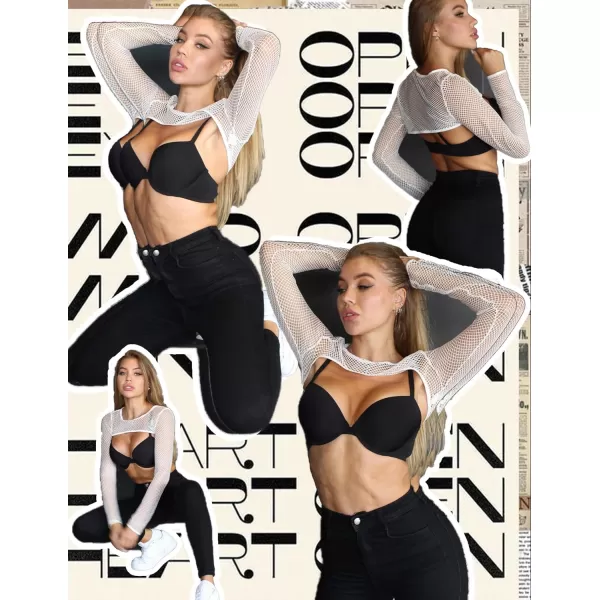 Avidlove Women Fishnet Long Sleeve Crop Top See Through Shirt Sheer Blouse Sexy OutfitsWhite
