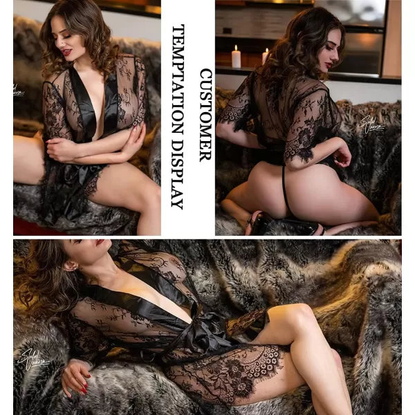 Avidlove Women Kimono Robe Floral Lace Babydoll Lingerie Sheer Mesh Nightgown1black