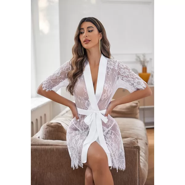 Avidlove Women Kimono Robe Floral Lace Babydoll Lingerie Sheer Mesh Nightgown1white