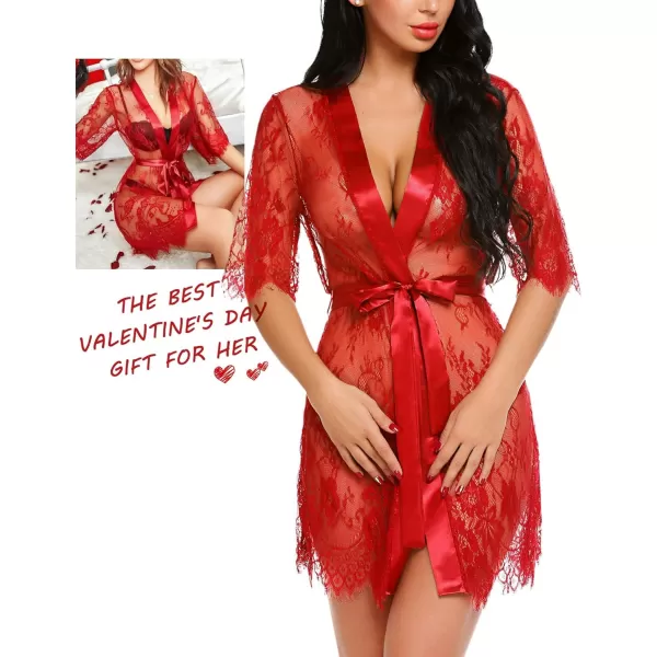 Avidlove Women Kimono Robe Floral Lace Babydoll Lingerie Sheer Mesh NightgownRed