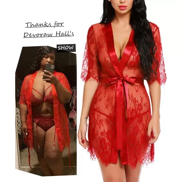 Avidlove Women Kimono Robe Floral Lace Babydoll Lingerie Sheer Mesh NightgownRed