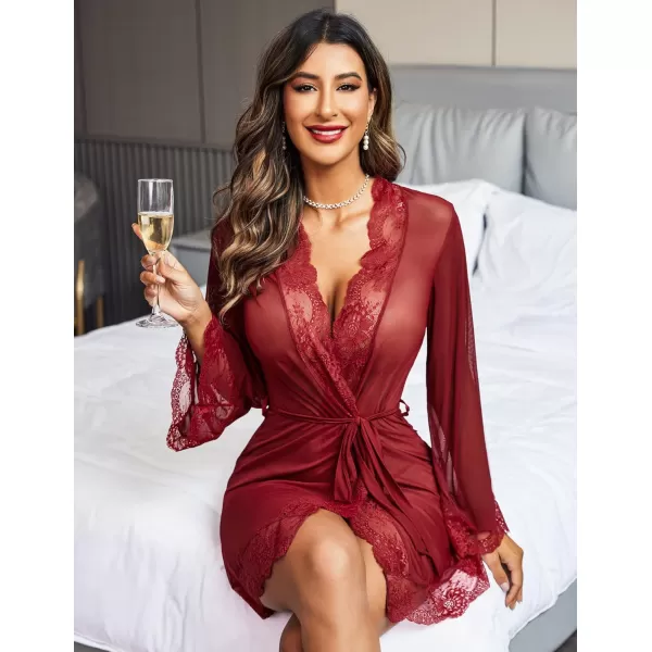 Avidlove Women Lace Kimono Robe Babydoll Sexy Lingerie Mesh Chemise Nightgown Cover UpDark Red