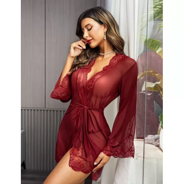 Avidlove Women Lace Kimono Robe Babydoll Sexy Lingerie Mesh Chemise Nightgown Cover UpDark Red