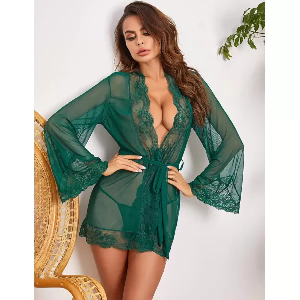 Avidlove Women Lace Kimono Robe Babydoll Sexy Lingerie Mesh Chemise Nightgown Cover UpGreen