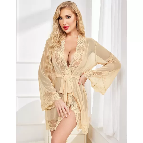 Avidlove Women Lace Kimono Robe Babydoll Sexy Lingerie Mesh Chemise Nightgown Cover UpLight Khaki