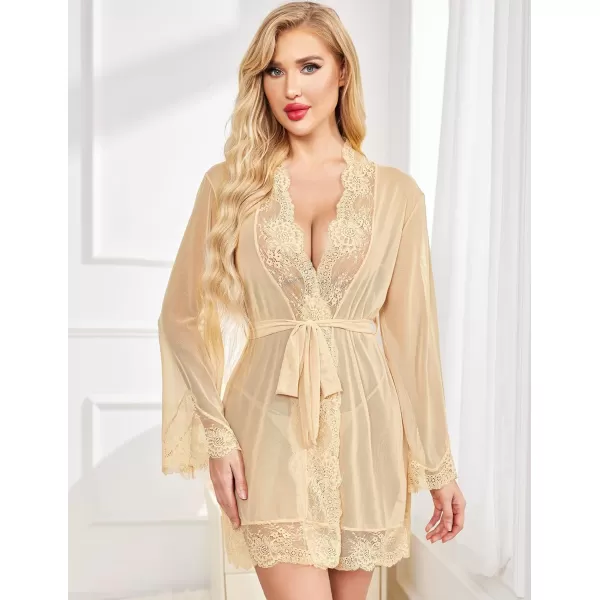 Avidlove Women Lace Kimono Robe Babydoll Sexy Lingerie Mesh Chemise Nightgown Cover UpLight Khaki