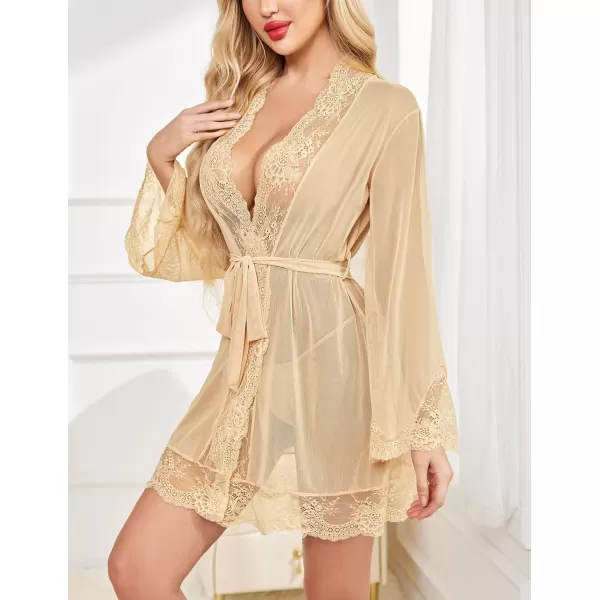 Avidlove Women Lace Kimono Robe Babydoll Sexy Lingerie Mesh Chemise Nightgown Cover UpLight Khaki