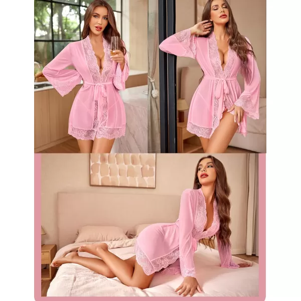 Avidlove Women Lace Kimono Robe Babydoll Sexy Lingerie Mesh Chemise Nightgown Cover UpPink