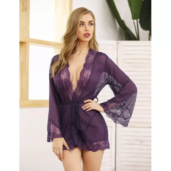 Avidlove Women Lace Kimono Robe Babydoll Sexy Lingerie Mesh Chemise Nightgown Cover UpPurple