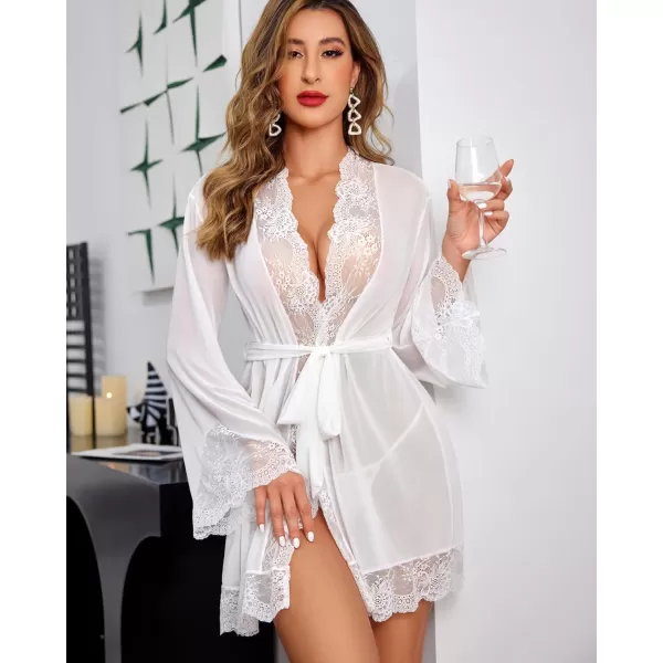 Avidlove Women Lace Kimono Robe Babydoll Sexy Lingerie Mesh Chemise Nightgown Cover UpWhite