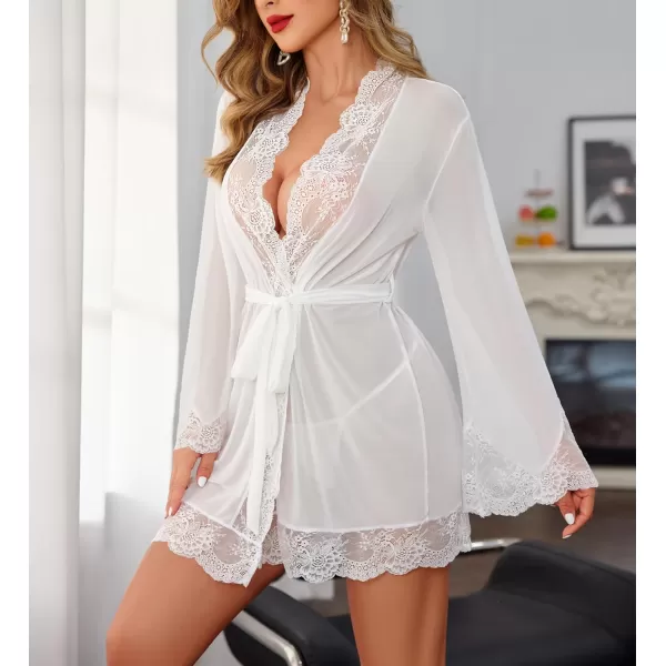 Avidlove Women Lace Kimono Robe Babydoll Sexy Lingerie Mesh Chemise Nightgown Cover UpWhite