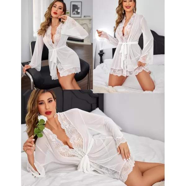 Avidlove Women Lace Kimono Robe Babydoll Sexy Lingerie Mesh Chemise Nightgown Cover UpWhite