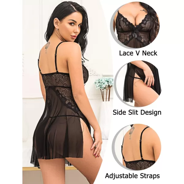 Avidlove Women Lace Lingerie Babydoll Sexy Chemise Exotic Nightgowns Bridal NightdressBlack