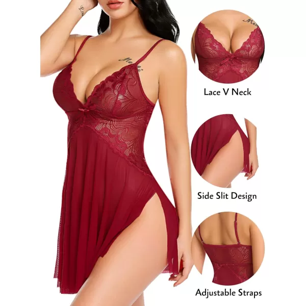 Avidlove Women Lace Lingerie Babydoll Sexy Chemise Exotic Nightgowns Bridal NightdressDark Red