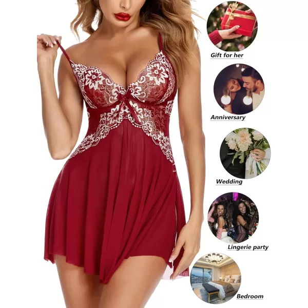 Avidlove Women Lace Lingerie Babydoll Sexy Chemise Exotic Nightgowns Bridal NightdressDark Red1