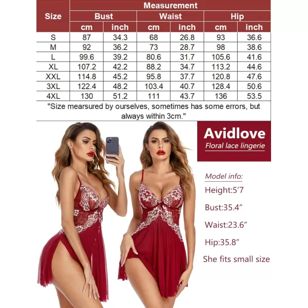 Avidlove Women Lace Lingerie Babydoll Sexy Chemise Exotic Nightgowns Bridal NightdressDark Red1