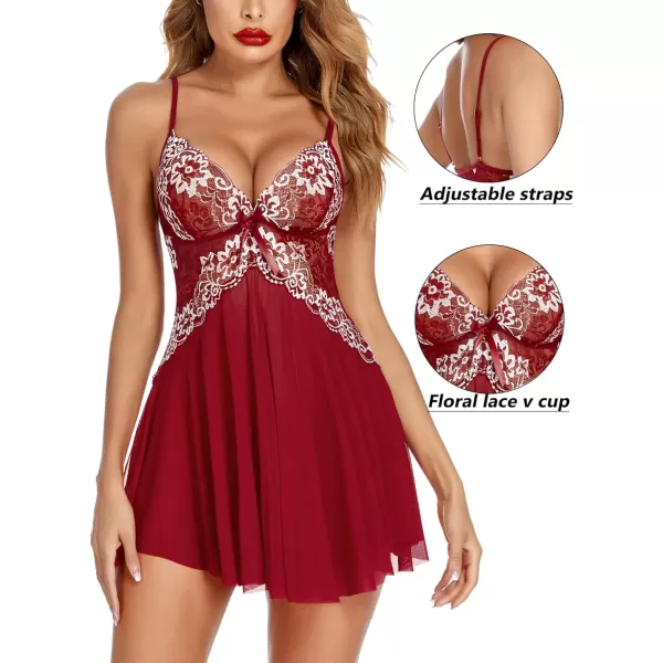 Avidlove Women Lace Lingerie Babydoll Sexy Chemise Exotic Nightgowns Bridal NightdressDark Red1