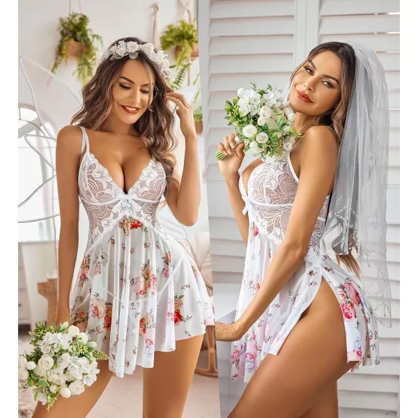 Avidlove Women Lace Lingerie Babydoll Sexy Chemise Exotic Nightgowns Bridal NightdressPink Floral Print