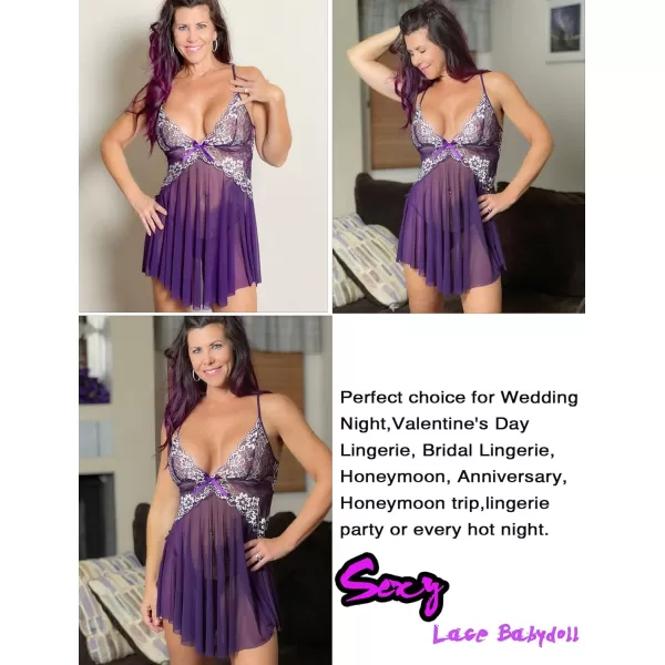 Avidlove Women Lace Lingerie Babydoll Sexy Chemise Exotic Nightgowns Bridal NightdressPurple1