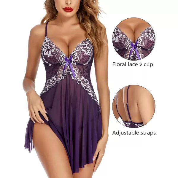 Avidlove Women Lace Lingerie Babydoll Sexy Chemise Exotic Nightgowns Bridal NightdressPurple1