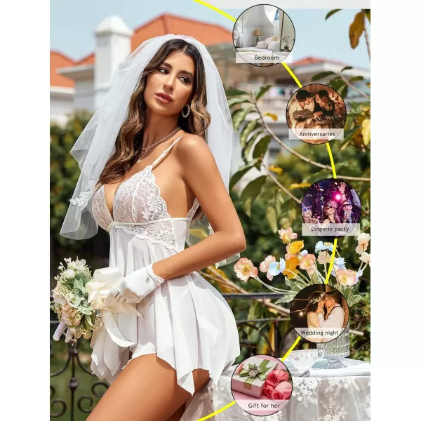 Avidlove Women Lace Lingerie Front Closure Babydoll V Neck Nightwear Sexy Chemise NightieA White