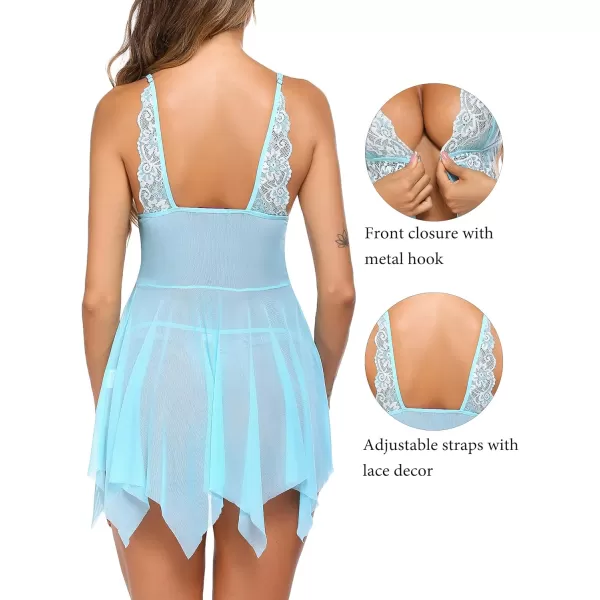 Avidlove Women Lace Lingerie Front Closure Babydoll V Neck Nightwear Sexy Chemise NightieBaby Blue