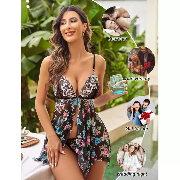 Avidlove Women Lace Lingerie Front Closure Babydoll V Neck Nightwear Sexy Chemise NightieBlack Floral
