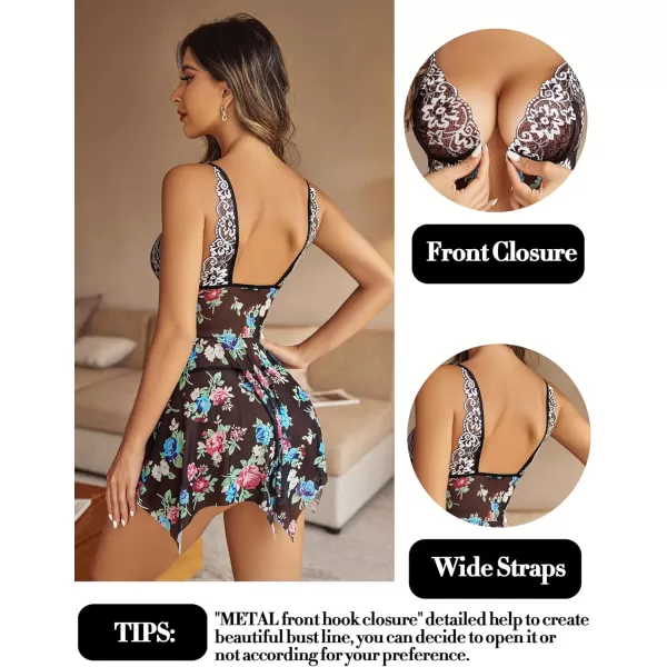 Avidlove Women Lace Lingerie Front Closure Babydoll V Neck Nightwear Sexy Chemise NightieBlack Floral