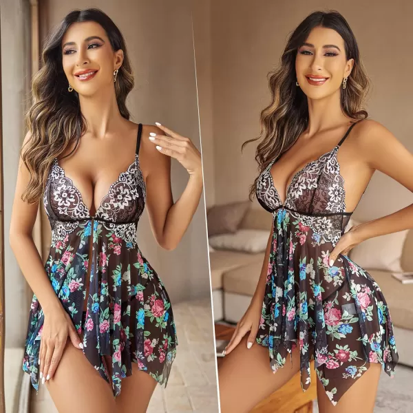 Avidlove Women Lace Lingerie Front Closure Babydoll V Neck Nightwear Sexy Chemise NightieBlack Floral