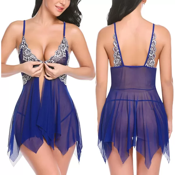 Avidlove Women Lace Lingerie Front Closure Babydoll V Neck Nightwear Sexy Chemise NightieBlue