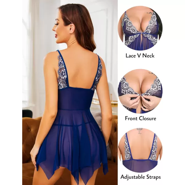 Avidlove Women Lace Lingerie Front Closure Babydoll V Neck Nightwear Sexy Chemise NightieBlue