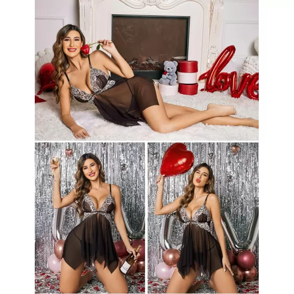 Avidlove Women Lace Lingerie Front Closure Babydoll V Neck Nightwear Sexy Chemise NightieDark Black