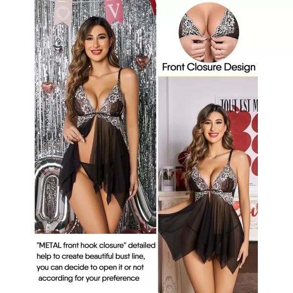 Avidlove Women Lace Lingerie Front Closure Babydoll V Neck Nightwear Sexy Chemise NightieDark Black