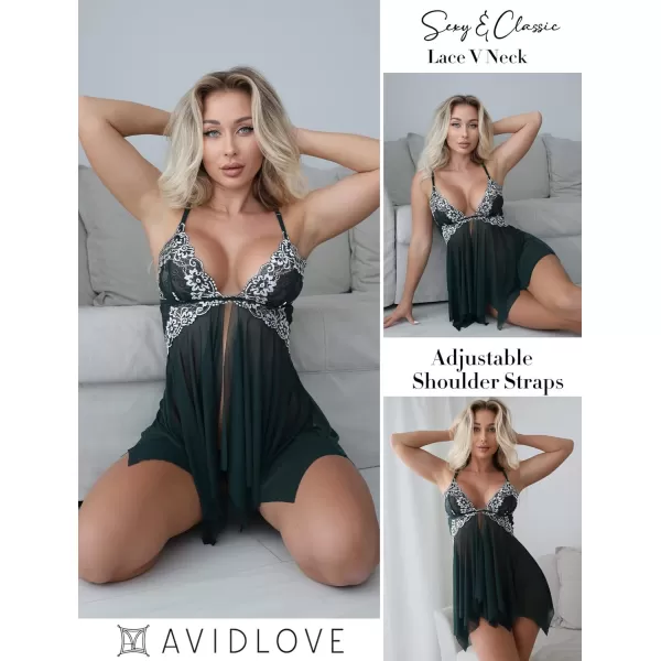 Avidlove Women Lace Lingerie Front Closure Babydoll V Neck Nightwear Sexy Chemise NightieDeep Green