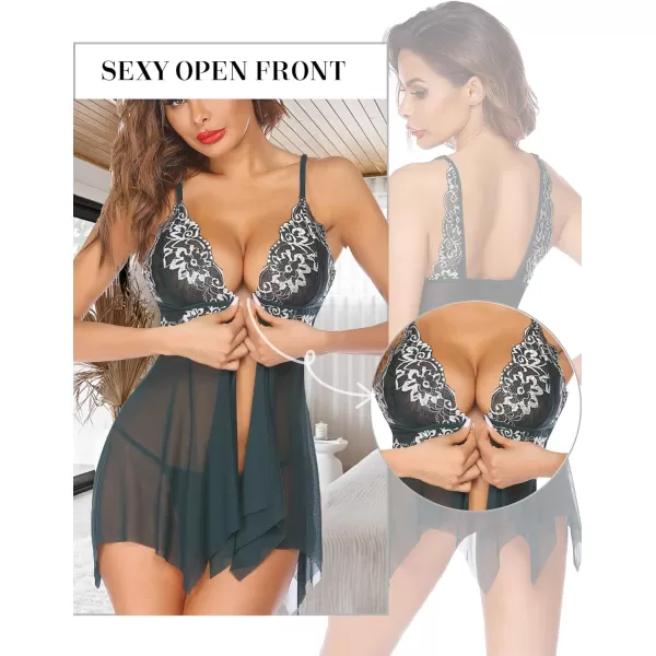 Avidlove Women Lace Lingerie Front Closure Babydoll V Neck Nightwear Sexy Chemise NightieDeep Green