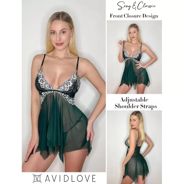 Avidlove Women Lace Lingerie Front Closure Babydoll V Neck Nightwear Sexy Chemise NightieDeep Green