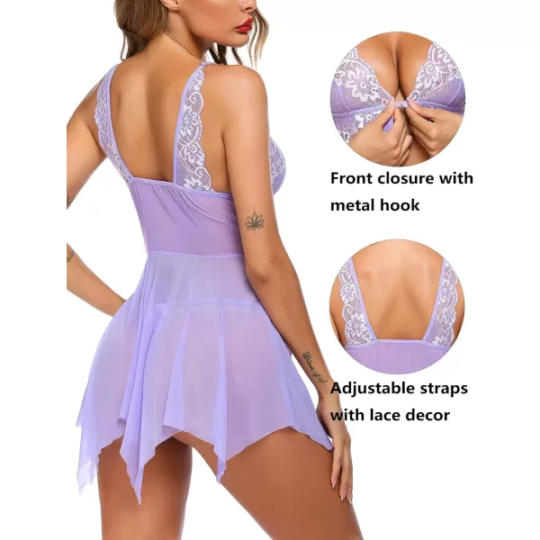 Avidlove Women Lace Lingerie Front Closure Babydoll V Neck Nightwear Sexy Chemise NightieDeep Lavender