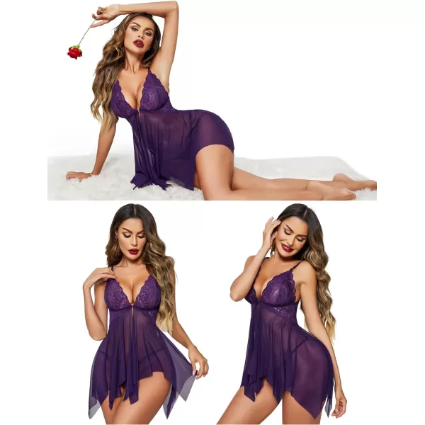 Avidlove Women Lace Lingerie Front Closure Babydoll V Neck Nightwear Sexy Chemise NightieDeep Purple