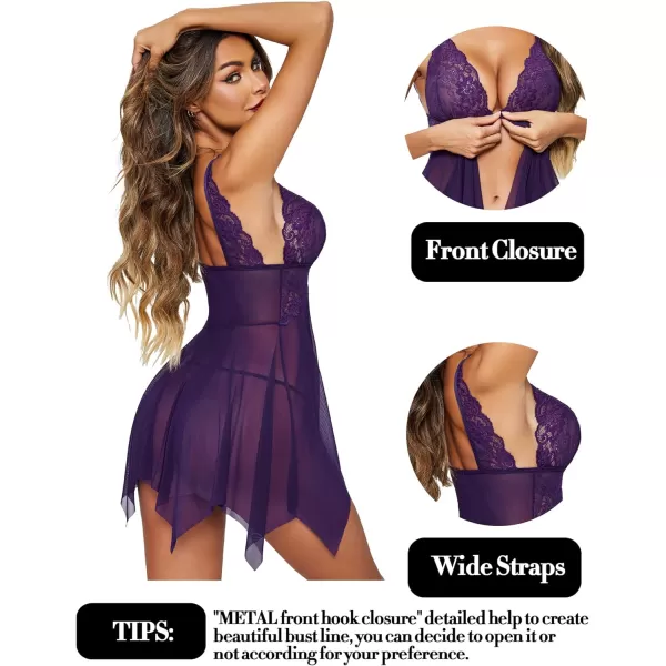 Avidlove Women Lace Lingerie Front Closure Babydoll V Neck Nightwear Sexy Chemise NightieDeep Purple