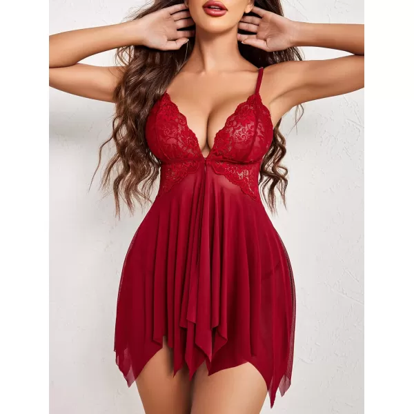 Avidlove Women Lace Lingerie Front Closure Babydoll V Neck Nightwear Sexy Chemise NightieDeep Red