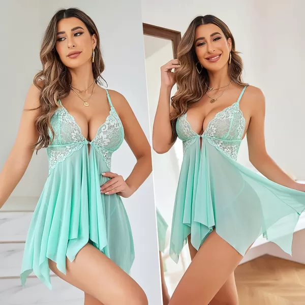 Avidlove Women Lace Lingerie Front Closure Babydoll V Neck Nightwear Sexy Chemise NightieGreen