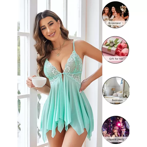 Avidlove Women Lace Lingerie Front Closure Babydoll V Neck Nightwear Sexy Chemise NightieGreen