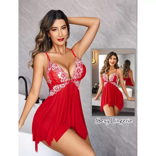 Avidlove Women Lace Lingerie Front Closure Babydoll V Neck Nightwear Sexy Chemise NightieHot Red