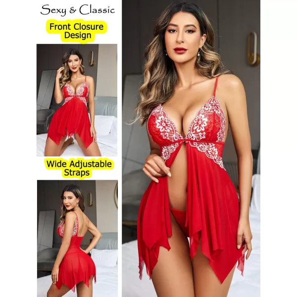 Avidlove Women Lace Lingerie Front Closure Babydoll V Neck Nightwear Sexy Chemise NightieHot Red