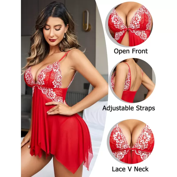 Avidlove Women Lace Lingerie Front Closure Babydoll V Neck Nightwear Sexy Chemise NightieHot Red