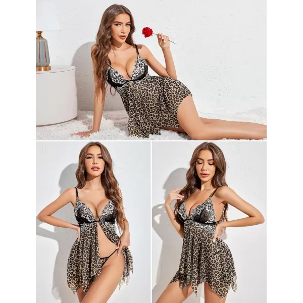 Avidlove Women Lace Lingerie Front Closure Babydoll V Neck Nightwear Sexy Chemise NightieLeopard Print