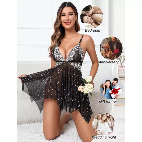 Avidlove Women Lace Lingerie Front Closure Babydoll V Neck Nightwear Sexy Chemise NightieLittle Stars Print